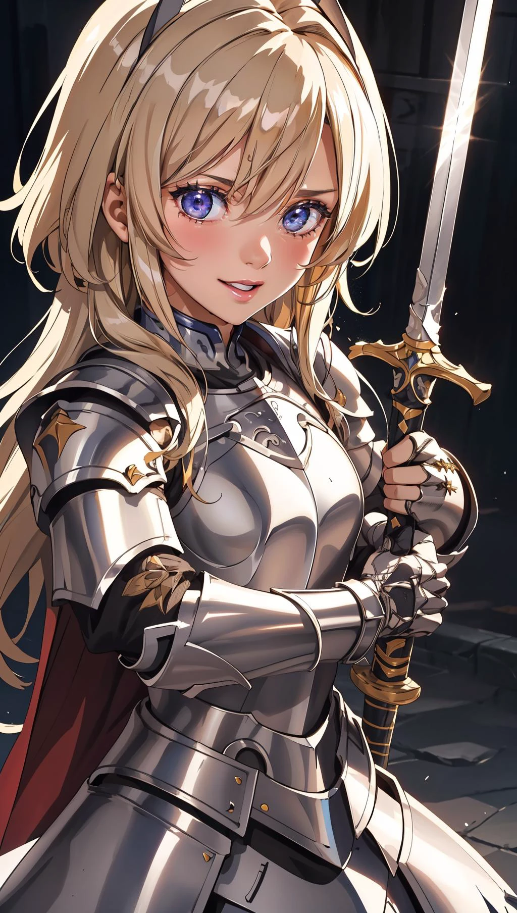 an illustration of a female paladin adorned in holy armor, wielding a sacred sword, furrowed brow, light smile,
masterpiece, best quality, intricate detail, high background detail, high contrast, <lora:emotion_angry_slider_v1:1> anime screencap,