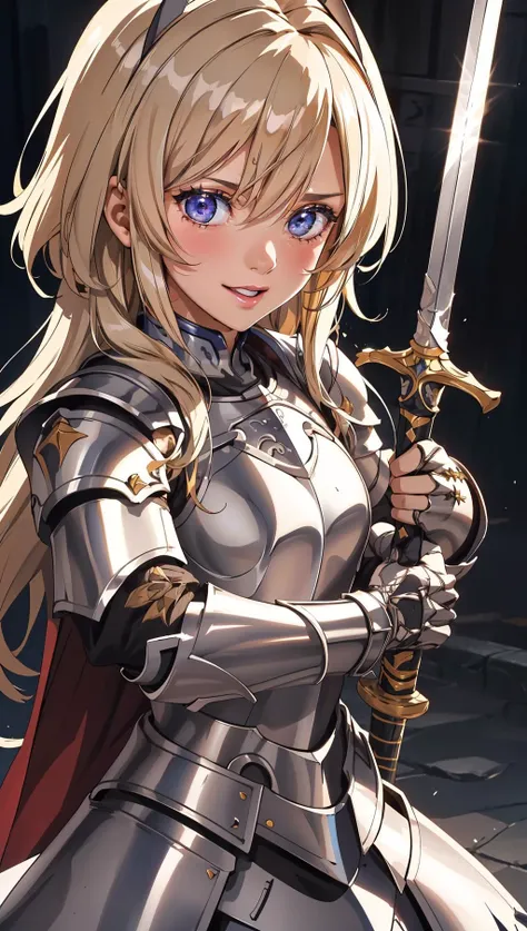 an illustration of a female paladin adorned in holy armor, wielding a sacred sword, furrowed brow, light smile, 
masterpiece, best quality, intricate detail, high background detail, high contrast,   <lora:emotion_angry_slider_v1:1> anime screencap,