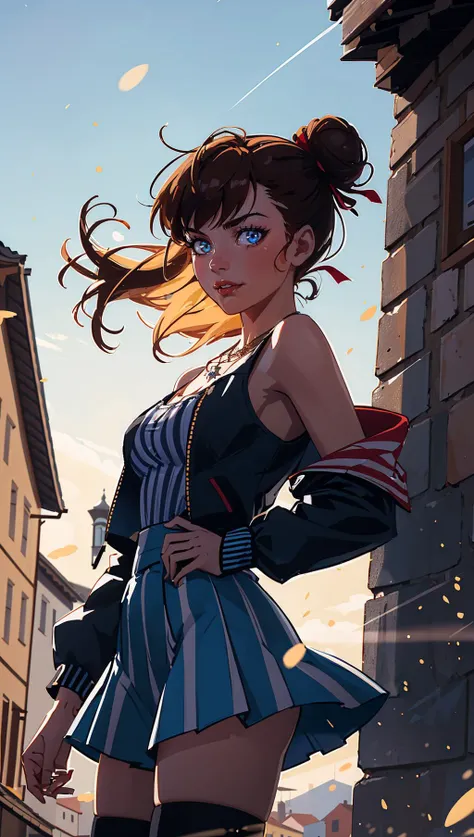 sooogs, 1girl, bare shoulders, blue eyes, breasts, brown hair, hair ribbon, looking at viewer, necklace, bangs, single hair bun, shirt, multicolored jacket, skirt, shorts, pose, closed mouth, wind, floating hair, striped thighhighs, ((cowboy shot)),
masterpiece, best quality, scenery, day, dappled sunlight, light particles, <lora:backlight_slider_v10:-1> <lora:emotion_happy_slider_v1:0.8> , outline, black outline, toon \(style\), european architecture,
