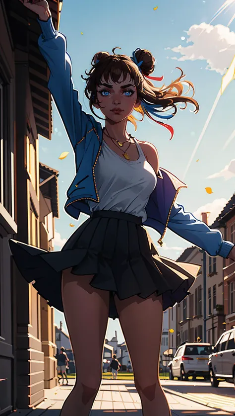 sooogs,  1girl, bare shoulders, blue eyes, breasts, brown hair, hair ribbon,  looking at viewer, necklace, bangs, single hair bun,  shirt, multicolored jacket, skirt,   shorts, pose, closed mouth, wind,  floating hair, 
masterpiece, best quality, scenery, day, dappled sunlight, light particles,    <lora:backlight_slider_v10:-1>   <lora:emotion_happy_slider_v1:0.8> , outline, black outline, toon \(style\),  european architecture, <lora:add_sharpness:1><lora:add_sharpness:1><lora:add_sharpness:1><lora:add_sharpness:1>