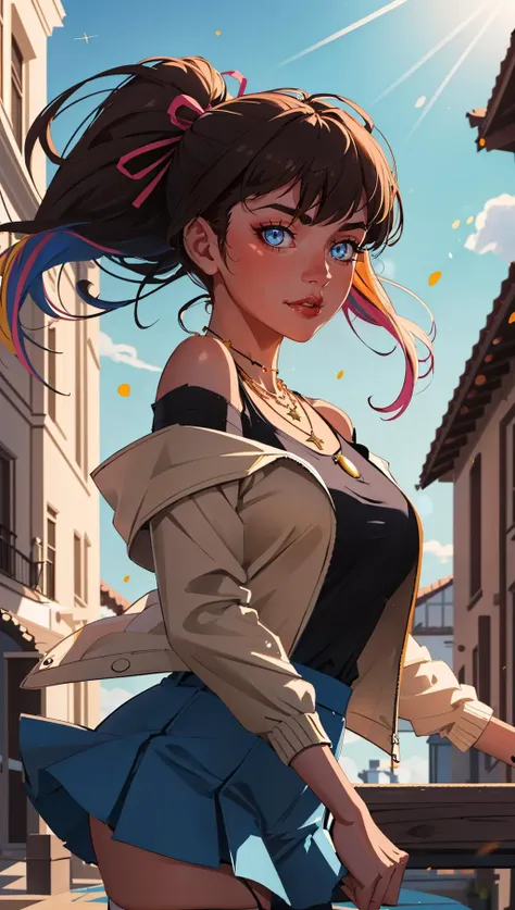 sooogs,  1girl, bare shoulders, blue eyes, breasts, brown hair, hair ribbon,  looking at viewer, necklace, bangs, single hair bun,  shirt, multicolored jacket, skirt,   shorts, pose, closed mouth, wind,  floating hair, striped thighhighs, ((cowboy shot)), 
masterpiece, best quality, scenery, day, dappled sunlight, light particles,    <lora:backlight_slider_v10:-1>   <lora:emotion_happy_slider_v1:0.8> , outline, black outline, toon \(style\),  european architecture,