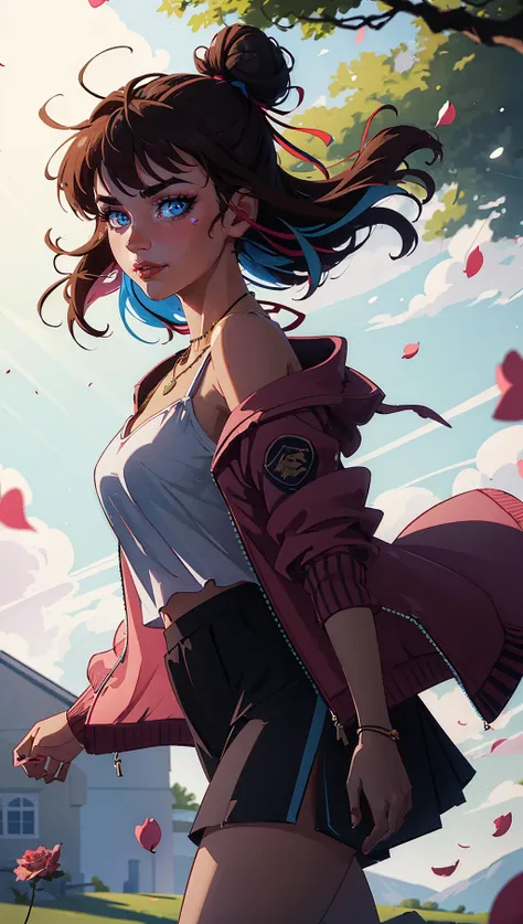 sooogs, 1girl, bare shoulders, blue eyes, breasts, brown hair, hair ribbon, looking at viewer, necklace, bangs, single hair bun, shirt, multicolored jacket, skirt, shorts, pose, closed mouth, wind, floating hair, leaning to the side,
masterpiece, best quality, scenery, day, rose petals, dappled sunlight, light particles, <lora:backlight_slider_v10:-1> <lora:emotion_happy_slider_v1:0.8> , outline, black outline, toon \(style\), <lora:add_sharpness:1>