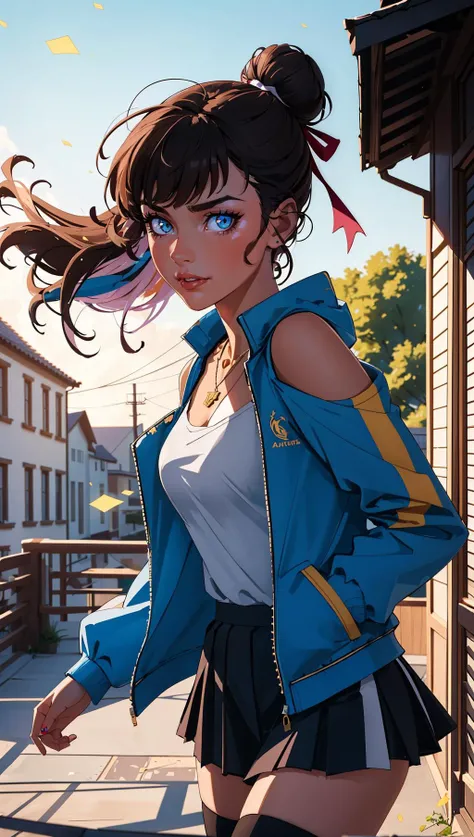 sooogs, 1girl, bare shoulders, blue eyes, breasts, brown hair, hair ribbon, looking at viewer, necklace, bangs, single hair bun, shirt, multicolored jacket, skirt, shorts, pose, closed mouth, wind, floating hair, striped thighhighs, ((cowboy shot)),
masterpiece, best quality, scenery, day, dappled sunlight, light particles, <lora:backlight_slider_v10:-1> <lora:emotion_happy_slider_v1:0.8> , outline, black outline, toon \(style\), european architecture,