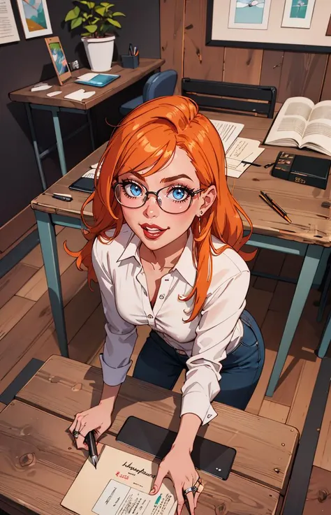 1girl, blue eyes, orange hair, ((glasses)), jewelry, lips, long hair, ring,  solo, white shirt, indoors, wall,  shirt, desk, workshop, messy, stool, potted plant, wooden floor, wooden desk, pencil, pen, 
masterpiece, best quality,  <lora:fellatrix_style_v2:0.7> fellatrix style, bimbo,lips,makeup, anime screencap, flat color,  <lora:emotion_happy_slider_v1:2><lora:add_sharpness:1><lora:add_sharpness:1><lora:add_sharpness:1><lora:add_sharpness:1>