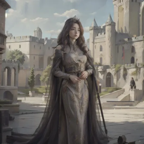 <lora:seakaythree:0.8>, seakaythree, welcometour, best quality, masterpiece, illustration, (realistic, photo-realistic:1.37), amazing, finely detail, incredibly absurdres, huge filesize, ultra-detailed, highres, extremely detailed CG unity 8k wallpaper, ray tracing, A medieval queen sits on her throne, surrounded by her court. She is wearing a crown and a long flowing gown. She is holding a scepter in her hand. The background is a castle courtyard. There are guards standing at attention and courtiers milling about.