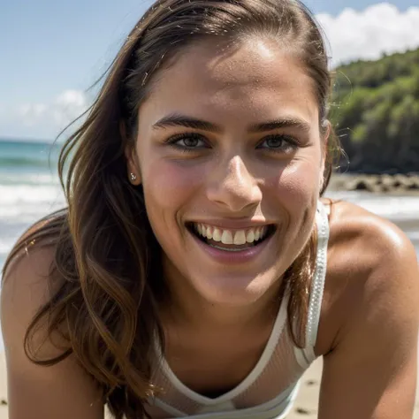 amandapeet, (best quality), (masterpiece:1.2), (realistic), (film grain:0.8), (Valencia Warmth:0.6), chromatic aberration, masterpiece, best quality, perfect anatomy, (20 years old cute girl), 1girl, masterpiece portrait, (beaming smile:1.35), (Rocky beach with crashing waves), (Sympathetic face), (Kneeling on one knee), (Netted Armor Dress), (High-waisted shorts and sports bra workout set), (from below), (medium close up), (razz face), (wide smile mouth),