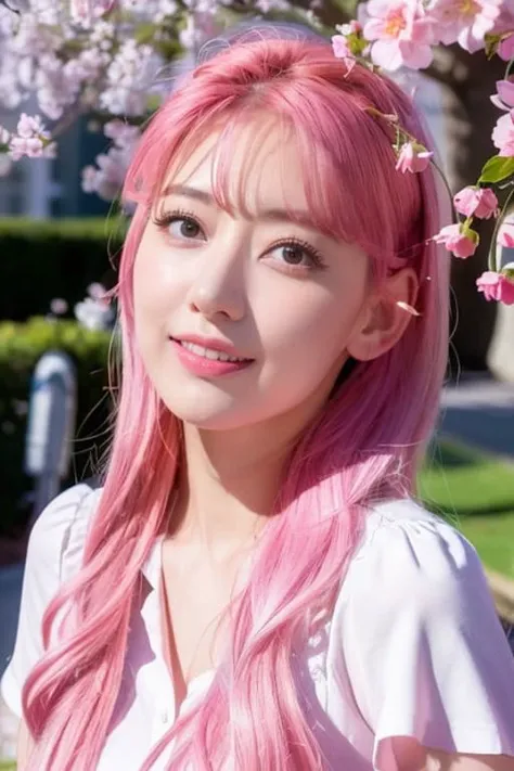 (8k, RAW photo, best quality, masterpiece:1.2),
(realistic, photo-realistic:1.37),
professional lighting, photon mapping, radiosity, physically-based rendering,
A beautiful girl under the blooming cherry tree in spring,
full body,school uniform,small breasts,skinny,smile,pink color hair,
<lora:miyawakiSakuraLora_v20:0.8>