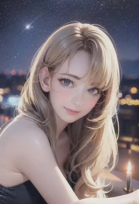 (8k, best quality, masterpiece:1.2), (realistic, photo-realistic:1.37), ultra-detailed, 1 girl,cute, solo,midnight,beautiful detailed sky,detailed cafe,sitting,dating,(nose blush),(smile:1.15),(closed mouth) small breasts,beautiful detailed eyes,floating hair NovaFrogStyle,backless dress