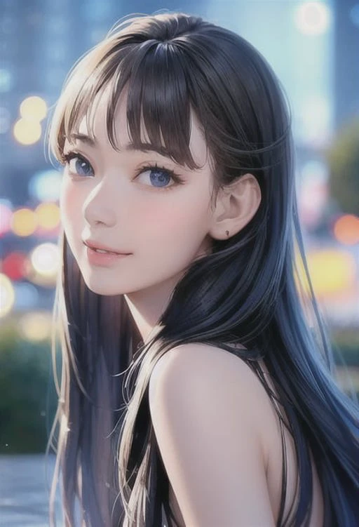 (8k, best quality, masterpiece:1.2), (realistic, photo-realistic:1.37), ultra-detailed, 1 girl,cute, solo,midnight,beautiful detailed sky,detailed cafe,sitting,dating,(nose blush),(smile:1.15),(closed mouth) small breasts,beautiful detailed eyes,floating hair NovaFrogStyle,backless dress