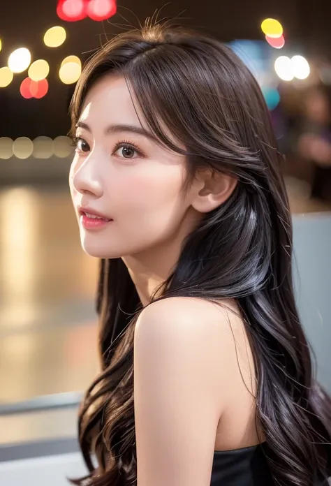 (8k, best quality, masterpiece:1.2), (realistic, photo-realistic:1.37), ultra-detailed, 1 girl,cute, solo,midnight,beautiful detailed sky,detailed cafe,sitting,dating,(nose blush),(smile:1.15),(closed mouth) small breasts,beautiful detailed eyes,floating hair NovaFrogStyle,backless dress
