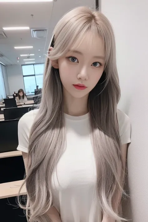 ((full body) ),gradient hair,(([white_red_0.5]hair)),(()),1girl,((office )),((bangs)),((t-shirt, )),office lady, short shorts,arms behind back, best quality ,masterpiece, illustration, an extremely delicate and beautiful, extremely detailed ,CG ,unity ,8k wallpaper, Amazing, finely detail, masterpiece,best quality,official art,extremely detailed CG unity 8k wallpaper,absurdres, incredibly absurdres, huge filesize , ultra-detailed, highres, extremely detailed,beautiful detailed girl, extremely detailed eyes and face, beautiful detailed eyes,light on face