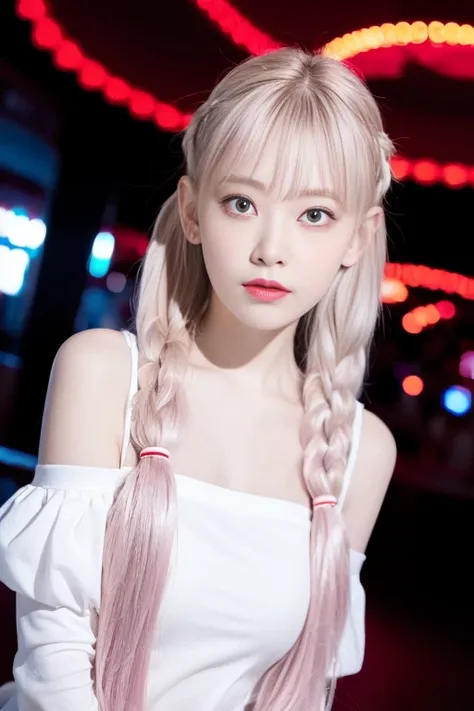 gradient hair,(([white_red_0.4]hair)),(( twintails)),1girl,pleated skirt,((amusement park)),((blouse)),(( bare shoulders)),, best quality ,masterpiece, illustration, an extremely delicate and beautiful, extremely detailed ,CG ,unity ,8k wallpaper, Amazing, finely detail, masterpiece,best quality,official art,extremely detailed CG unity 8k wallpaper,absurdres, incredibly absurdres, huge filesize , ultra-detailed, highres, extremely detailed,beautiful detailed girl, extremely detailed eyes and face, beautiful detailed eyes,light on face