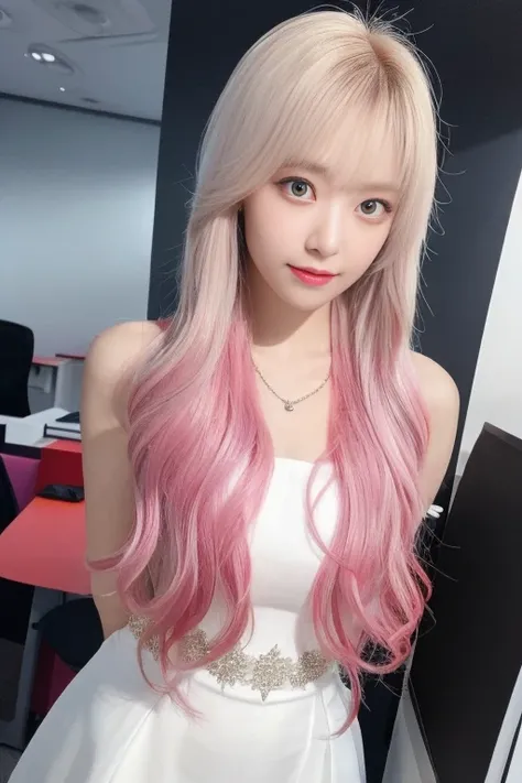 ((full body) ),gradient hair,(([white:red:0.7]hair)),(()),1girl,((office )),((bangs)),((dress )),office lady,,arms behind back,, best quality ,masterpiece, illustration, an extremely delicate and beautiful, extremely detailed ,CG ,unity ,8k wallpaper, Amazing, finely detail, masterpiece,best quality,official art,extremely detailed CG unity 8k wallpaper,absurdres, incredibly absurdres, huge filesize , ultra-detailed, highres, extremely detailed,beautiful detailed girl, extremely detailed eyes and face, beautiful detailed eyes,light on face