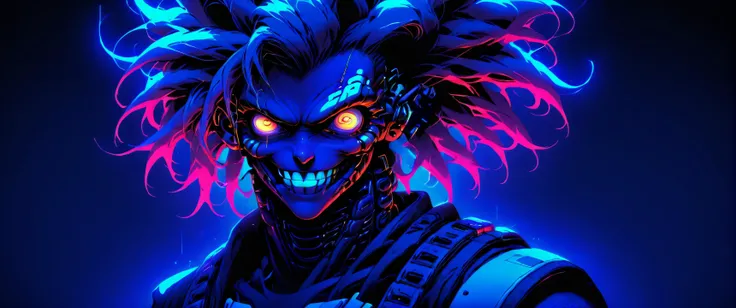 cyberpunk, solo, 1boy, male focus,navel, smile, glowing hair, glowing eyes,
Dark background, mysterious, sharp, intricate, high res, detailed,realistic, highly detailed masterpiece
<lora:Dark_Shine:0.56>