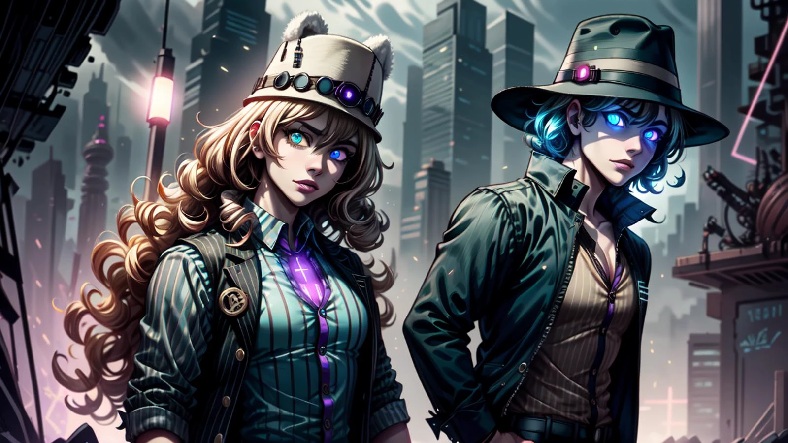 Jamila from Egypt, medium (chin-length:1.2) curly honey-blonde hair, delightful, defined body, [green and purple eyes, heterochromia], button-up vest, pinstripe trousers, and fedora hat, [diamondpunk], evening, (glowing eyes), [glowing hair] <lora:Dark_Shine:0.8>  <hypernet:sxzBloom_sxzBloom:.9> <lora:more_details:.5> <lora:Heterochromia_h4.v2:.25>