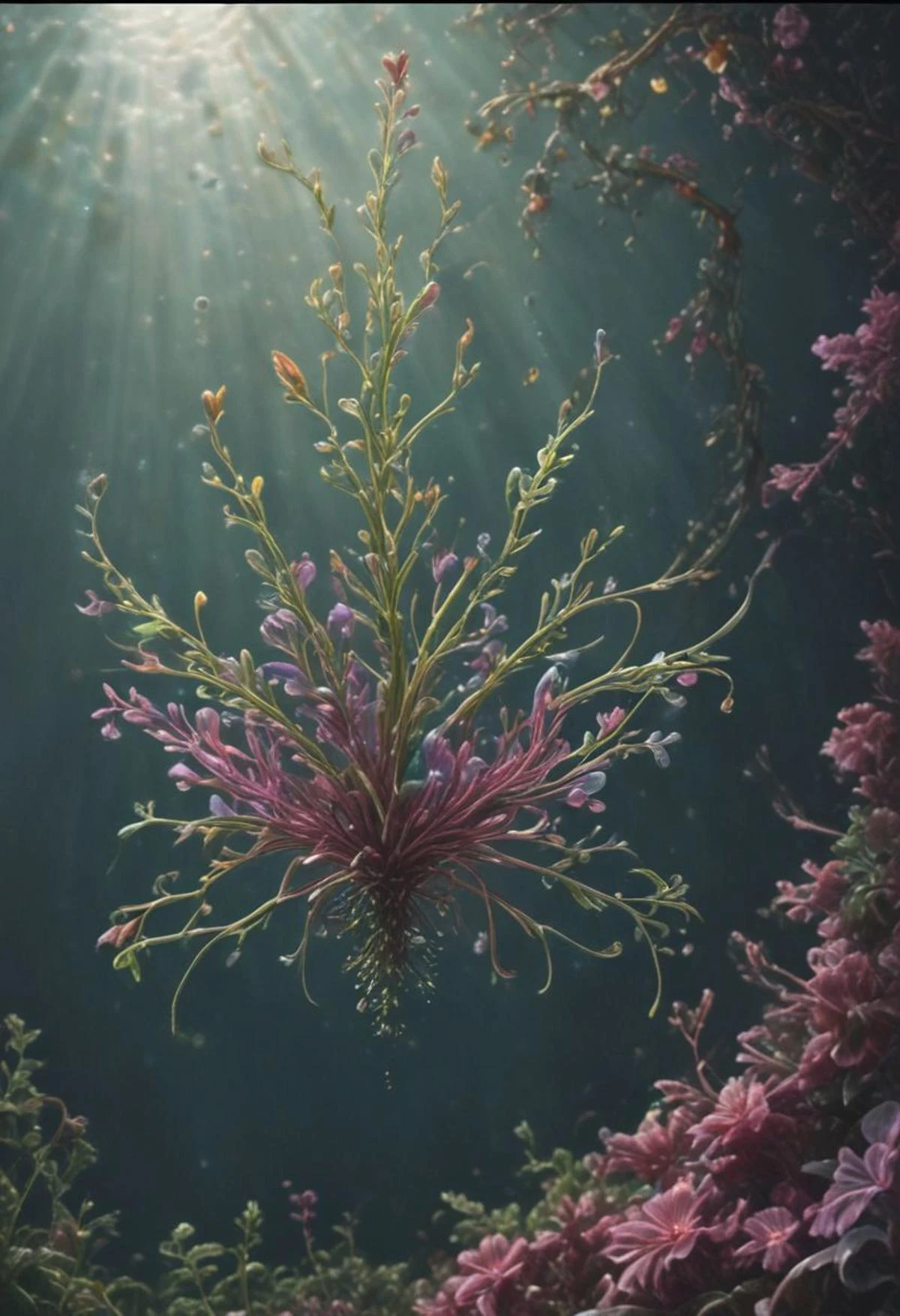 score_9 AtlantisWorld, underwater paradise seascape shot full of plants and sealife, beautiful glowing bioluminated plants, soft pastel glow,