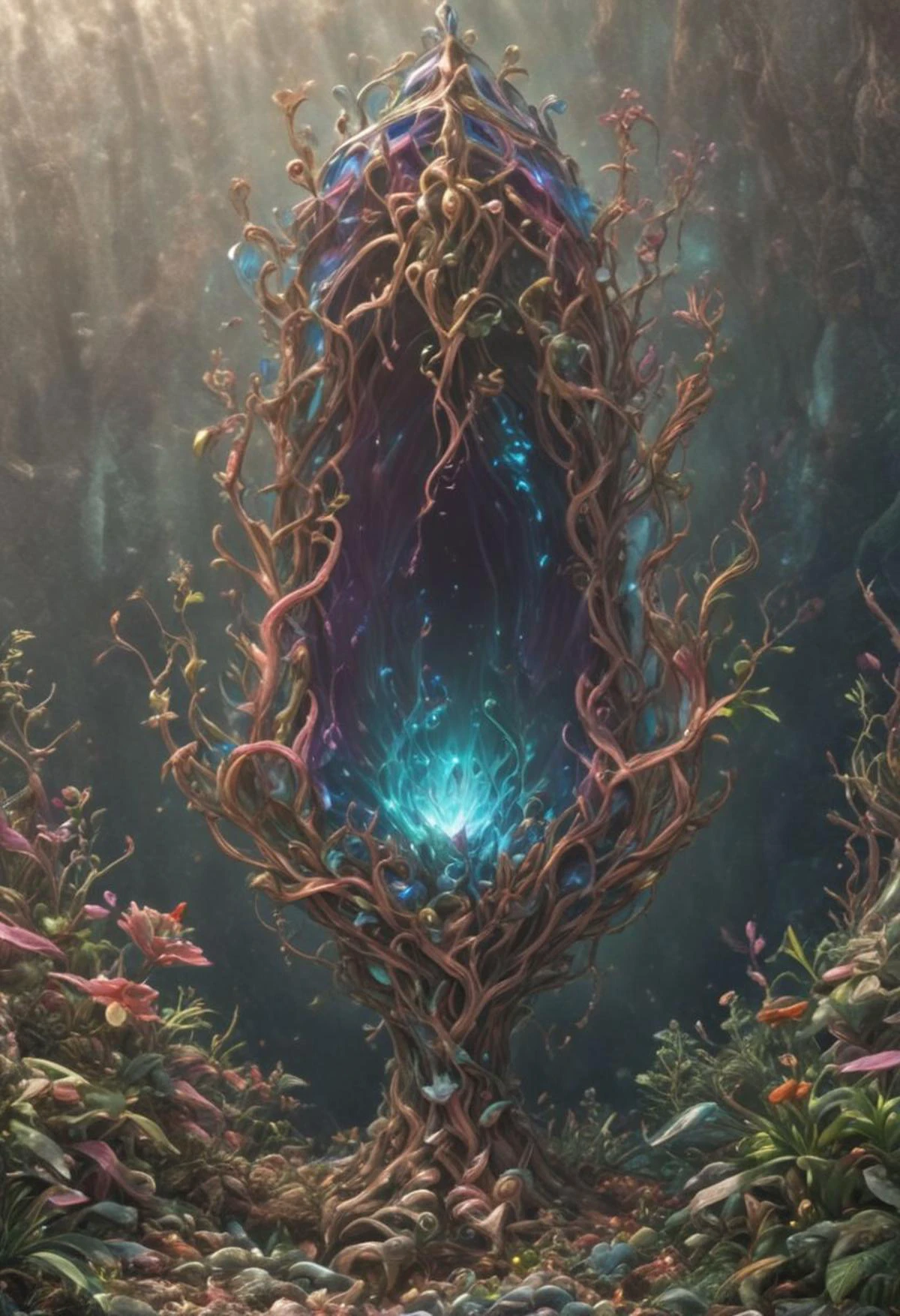 score_9 AtlantisWorld, underwater paradise seascape shot full of plants and sealife, beautiful glowing bioluminated plants, soft pastel glow,