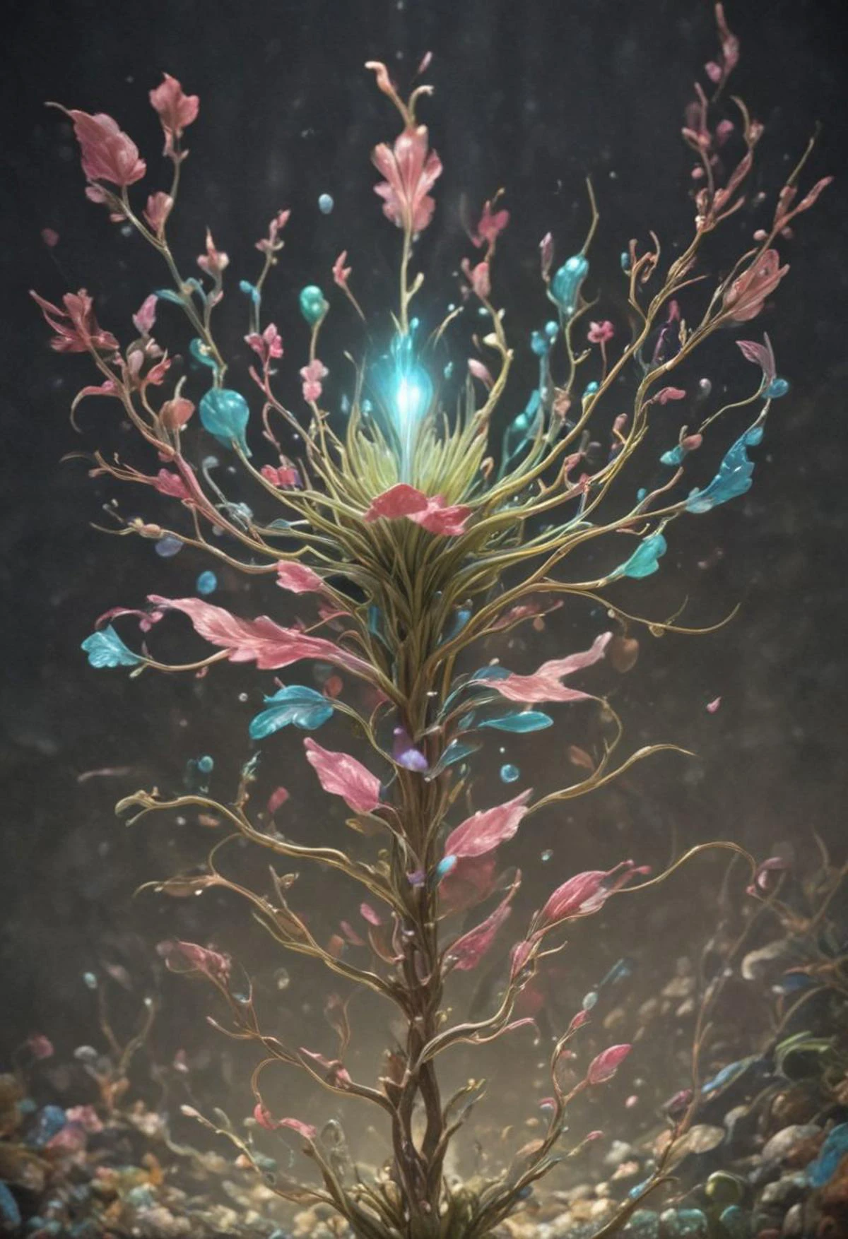 score_9 AtlantisWorld, underwater paradise seascape shot full of plants and sealife, beautiful glowing bioluminated plants, soft pastel glow,