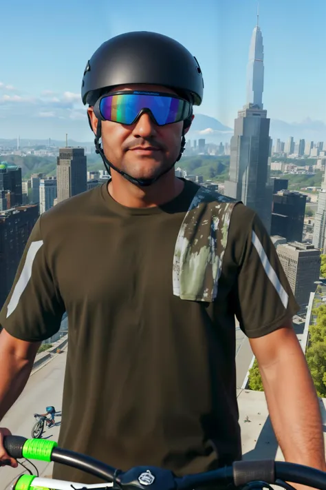 <lora:bogg_dann:.8>, bogg dann wearing rainbow cycling glasses, wearing a matte black bmx helmet, carrying a green bmx bike, dirty white rag on shoulder, masterpiece, best quality, 1boy, solo, male focus, shirt, facial hair, outdoors, black hair, closed mouth, short sleeves, realistic, blurry, brown shirt with stains, t-shirt, photo background, sky,, skyscraper, on roof, depth of field, wrinkled skin, mature male <lora:epi_noiseoffset2:0.5>