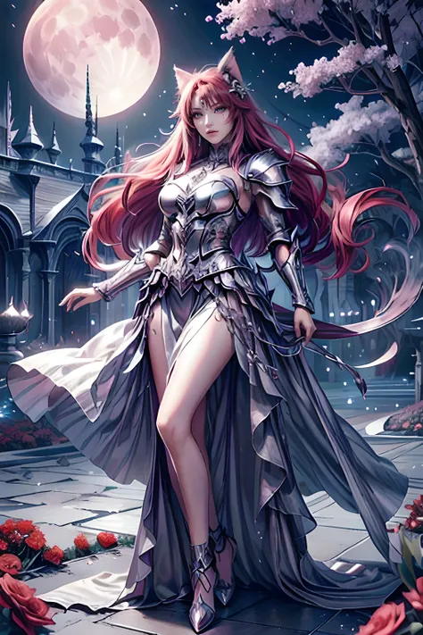 1 girl:1, a warrior woman in a beautiful garden full of silver flowers, cat ears, very long scarlet red hair:1.2, silver flowers, silver full body, plate armor, Night:1, Full moon, <lora:SilverSapphireAI:0.45> SilverSapphireAI <lora:PsionicMagic-20:0.45> psionicmagic , mana flow, shimmers, psychic energy <lora:add_detail:0.8>