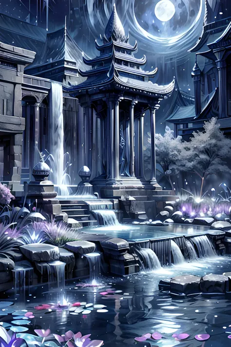Temple of the night goddess, waterfall, ponds, Night:1, Full moon, <lora:SilverSapphireAI:0.55> SilverSapphireAI <lora:PsionicMagic-20:0.55> psionicmagic , mana flow, shimmers, psychic energy <lora:add_detail:0.8>,