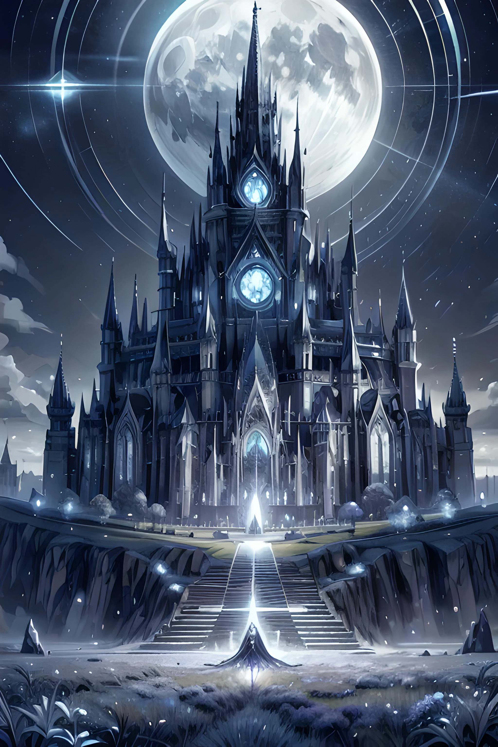 Silver citadel in the middle of a grassland:0.8, silver plants, silver flowers, no humans, Night:1, Full moon, <lora:SilverSapphireAI:0.45> SilverSapphireAI <lora:PsionicMagic-20:0.45> psionicmagic , mana flow, shimmers, psychic energy <lora:add_detail:0.8>