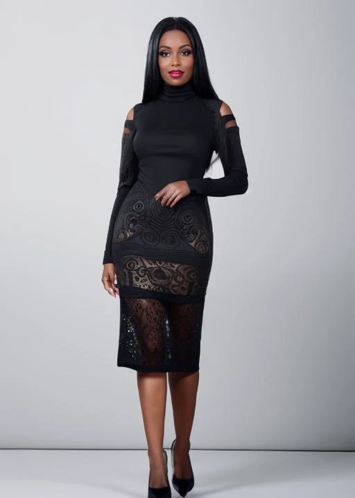 line art drawing of a captivating masterpiece of an woman, (((dressed in a turtleneck dress))), ((full body)), The intricate lace and gold details exude a very rebellious aura. ((The use of high-shine gloss adds a touch of glamour to the look)), ((while the deep red and black hues give it a dramatic vibe)), blurred background, studio ligthing, facing camera, shallow depth of field, <lora:MS_CodiBryant_V1_32:0.8>, professional, sleek, modern, minimalist, graphic, line art, vector graphics