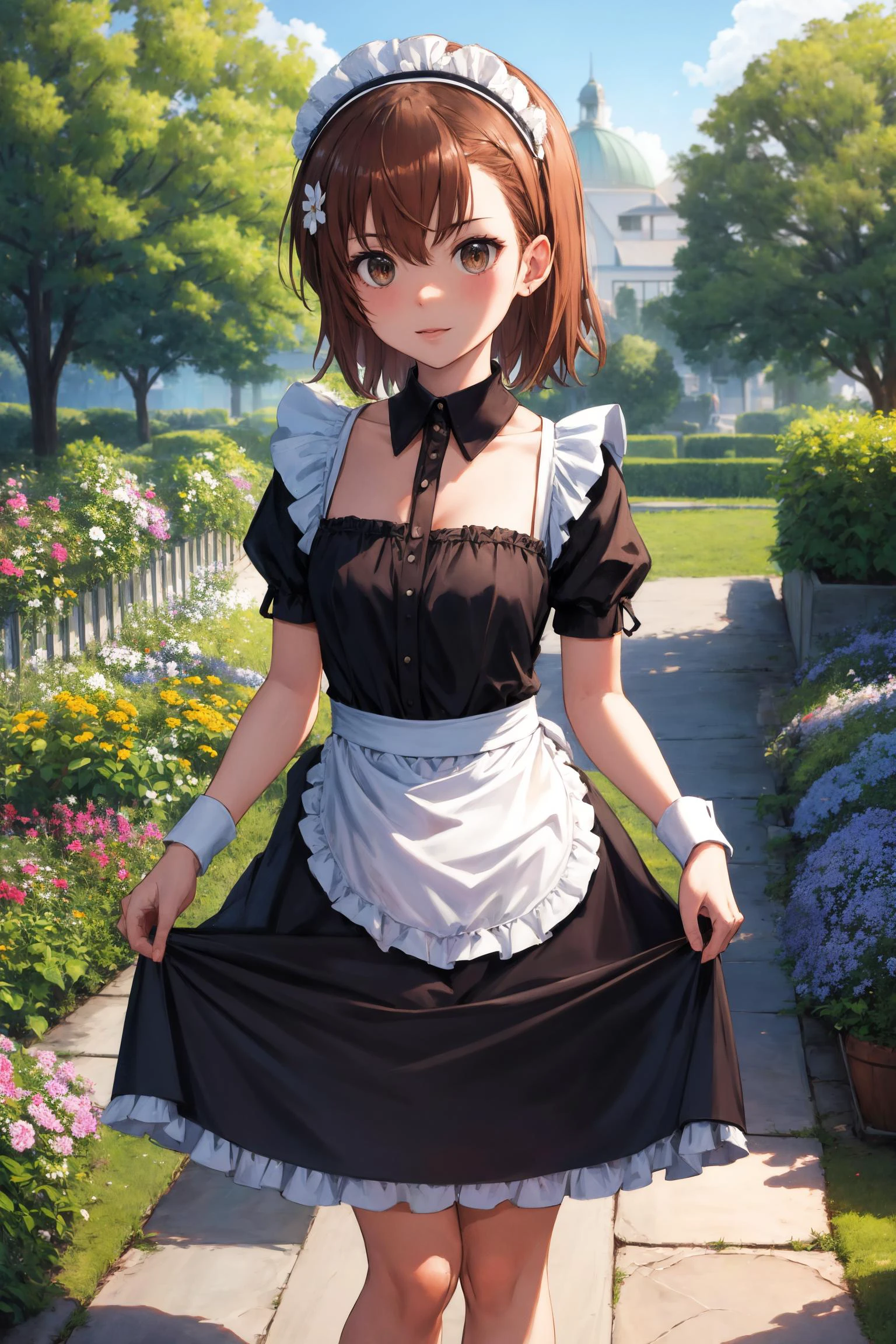 masterpiece, best quality, highres, aamikoto, short hair, hair flower, <lora:misaka_mikoto_v1:0.7>, maid, maid headdress, black dress, garden, standing, skirt hold,