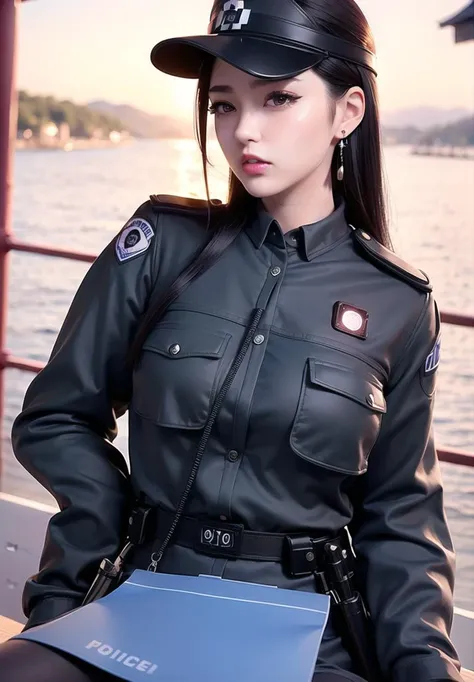 best quality, ultra high res, (photorealistic:1.4), colored eyelashes, 1 girl, (japanese police uniform:1.4), dark hair,earrings,black pencil skirt,( black leagwear:1.3),parted lips,river,bridge,lipstick,
