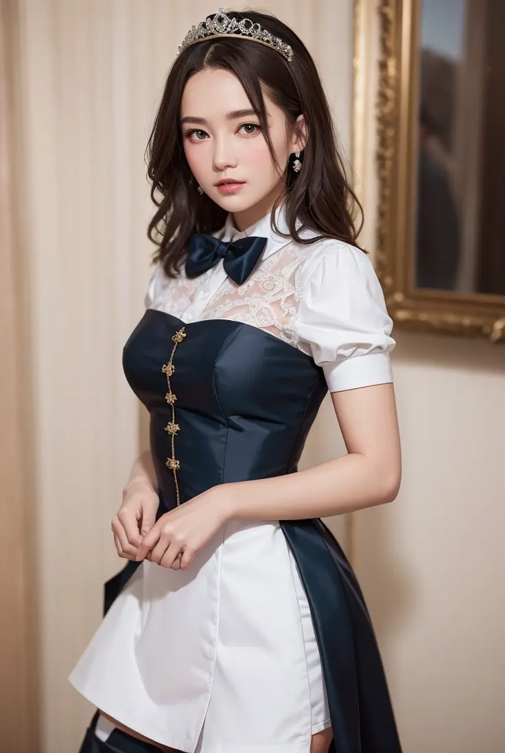 RAW photo, (high detailed skin:1.2), 8k uhd, dslr, soft lighting, high quality, film grain, Fujifilm XT3,(Photorealism:1.3),1 girl,solo, mitakihara school uniform , bow tie, stockings, Style-Princess looking at viewer, <lora:LiQin2:0.6>