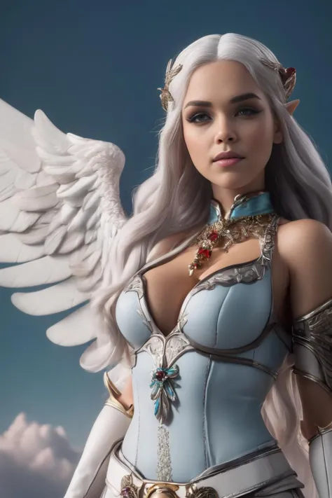 8k portrait of a beautiful succubus with bimbo body, sexy woman with toned abs, intricate, elegant, highly detailed, majestic, digital photography, (photo, studio lighting, hard light, sony a7, 50 mm, pores, colors, hyperdetailed, hyperrealistic), elegant Diva, valkyrie, angel, nice hands, perfect hands, detailed hands, extremely perfect face, (extremely perfect eyes:1.2), (cowboy shooting:1.1), solo, silver hair, bracelet, breasts, cleavage, big tits, dark, wide woman hips, feathered wings, gloves, halo, jewellery, necklace, spread white feathered wings, (The background is a blue sky with clouds:1.5), <lora:Takeya_sw-000001:1>,