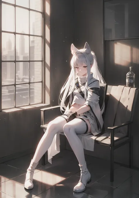 absurdres, anime, ambient lighting, sidelighting, cinematic lighting, Exquisite details and textures, dusty air, light particle, ray of light, 1girl, full body, (from side:0.7), look at viewer, detailed face, slim body, abs, blush, poker face, silver hair, long hair, ponytail, animal ears, (puffy), napping, sleep, eyes closed, sit on bench, carnival, Ferris wheel, outside, sky, cloud, ocean, direct sunlight, professional lighting, photon mapping, radiosity, <lora:platinum:0.8>