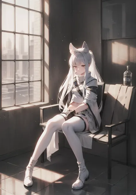 absurdres, anime, ambient lighting, sidelighting, cinematic lighting, Exquisite details and textures, dusty air, light particle, ray of light, 1girl, full body, (from side:0.7), look at viewer, detailed face, slim body, abs, blush, poker face, silver hair, long hair, ponytail, animal ears, (puffy), napping, sleep, eyes closed, sit on bench, carnival, Ferris wheel, outside, sky, cloud, ocean, direct sunlight, professional lighting, photon mapping, radiosity, <lora:platinum:0.8>