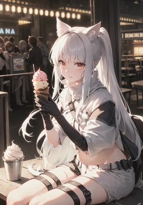 (best quality, masterpiece:1.2), photorealistic, ultra high res, ambient lighting, cinematic lighting, Exquisite details and textures, dusty air, light particle, 1girl, small breasts, detailed face, slim body, abs, blush, bite, (ice cream), lick, silver hair, long hair,  side ponytail, animal ears, (puffy), luna park, ferris wheel, neon lights, carnival, amusement park, crowned, festival, professional lighting, photon mapping, radiosity, <lora:platinum:0.7>,