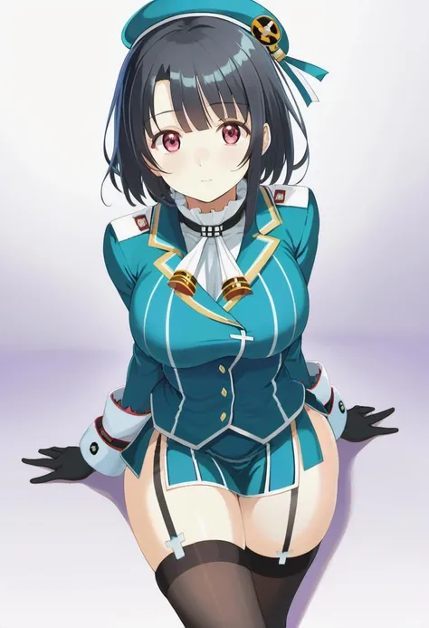 Masterpiece, best quality, high resolution, ultra-detailed, (Takao, kancolle), black hair, red eyes, short hair, large breasts, long sleeves, hat, black gloves, miniskirt, blue skirt, military uniform, beret, (((garter stocking))), blue jacket, blue headwear, high heels, aroused, ((close up of panties)), ((((clothed)))), ((((lying:1.3, imminent vaginal, sex, pov:1.3)))), (nsfw:1.5), ((blush, half closed eyes, open mouth)),(((black pantie aside:1.5)))