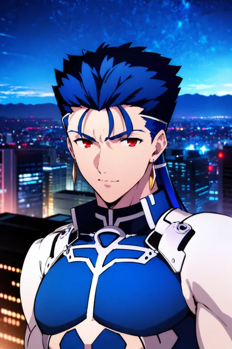 <lora:ironcatlora4FateStay_v10:1> (masterpiece:1.4), (best quality:1.4), 1boy, solo,
(cu chulainn (fate), cu chulainn (fate/stay night):1.2), blue hair, (red eyes:1.2), ponytail, earrings, long hair, shoulder armor, pauldrons, spiked hair, blue bodysuit, muscular
looking at viewer, upper body,
city, cityscape, sky, night