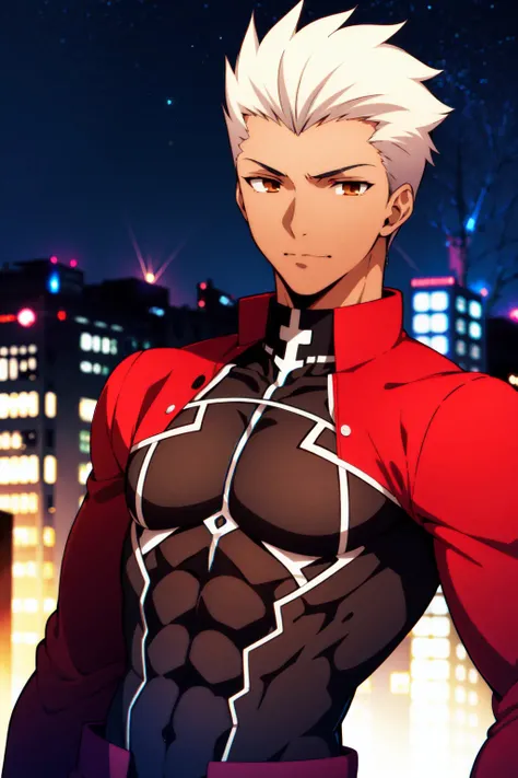 <lora:ironcatlora4FateStay_v10:1> (masterpiece:1.4), (best quality:1.4), 1boy, solo,
(archer \(fate\):1.2), white hair, short hair, spiked hair, dark-skinned male, dark skin, looking at viewer, upper body, brown eyes, red jacket, covered abs
looking at viewer, upper body,
city, cityscape, sky, night