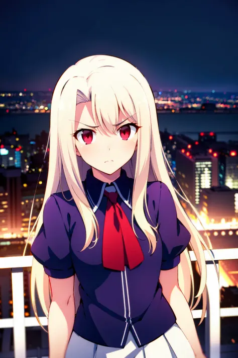 <lora:ironcatlora4FateStay_v10:1> (masterpiece:1.4), (best quality:1.4), 1girl, solo,
red eyes, white hair, long hair, (illyasviel von einzbern:1.2), bangs, hair between eyes, purple shirt, white skirt, purple ascot, frown, angry
looking at viewer, upper body,
city, cityscape, sky, night