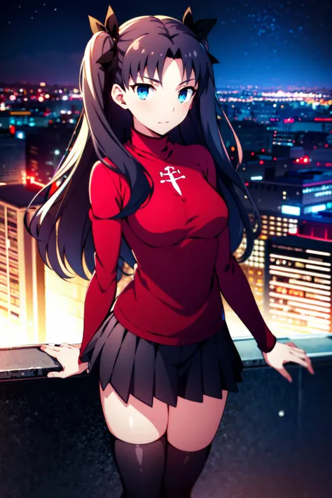 <lora:ironcatlora4FateStay_v10:1> (masterpiece:1.4), (best quality:1.4), 1girl,
tohsaka rin, blue eyes, black hair, long hair, skirt, two side up, black skirt, red sweater, thighhighs, hair ribbon, pleated skirt, long sleeves, brown footwear,
looking at viewer, upper body,
city, cityscape, sky, night