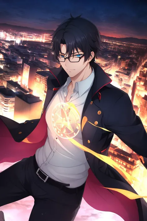 ((AS-Adult:1.3)), best quality, masterpiece, 1boy, solo, ((a boy in his early 30s:1.2)), messy hair:1, black hair, blue eyes, glasses, black pants, white shirt, rolled cuffs, Fate \(series\), Command Seals, mage, sorcerer, black blazer:1, city, night time, dynamic lighting, night, bangs, short hair:1, ((mature male:1.2)), spell circle, magic circle:1, <lora:Fate UBW Style v1-offset:0.8>, night:1, detailed eyes, long black coat, dynamic pose