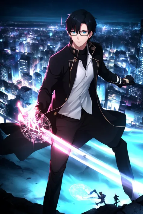((AS-Adult:1.3)), best quality, masterpiece, 1boy, solo, ((a boy in his early 30s:1.2)), messy hair:1, black hair, blue eyes, glasses, black pants, white shirt, rolled cuffs, Fate \(series\), Command Seals, mage, sorcerer, black blazer:1, city, night time, dynamic lighting, night, bangs, short hair:1, ((mature male:1.2)), spell circle, magic circle:1, <lora:Fate UBW Style v1-offset:0.8>, night:1, detailed eyes, long black coat, dynamic pose