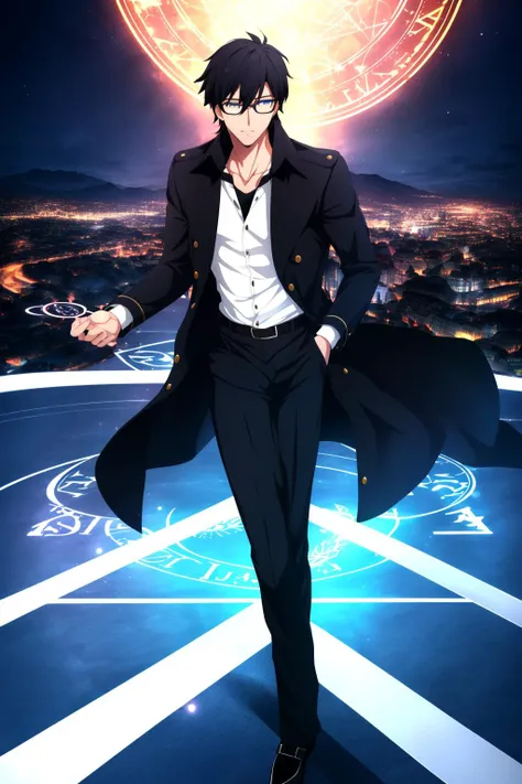 ((AS-Adult:1.3)),  best quality, masterpiece, 1boy, solo, ((a boy in his early 30s:1.2)), messy hair:1, black hair, blue eyes, glasses, black pants, white shirt, rolled cuffs, Fate \(series\), Command Seals, mage, sorcerer, black blazer:1,  city, night time,  dynamic lighting, night,  bangs, short hair:1, ((mature male:1.2)), spell circle, magic circle:1, <lora:Fate UBW Style v1-offset:0.8>, night:1, detailed eyes, long black coat, dynamic pose,