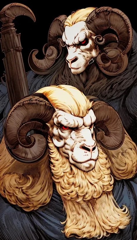 <lora:Velius-000008:0.65>Velius,(masterpiece:1.15), (sinister:1.1),(ram's head:1.20),closeup ,(thick wooly white mane:1.1), <lora:FFTJobs:0.75>