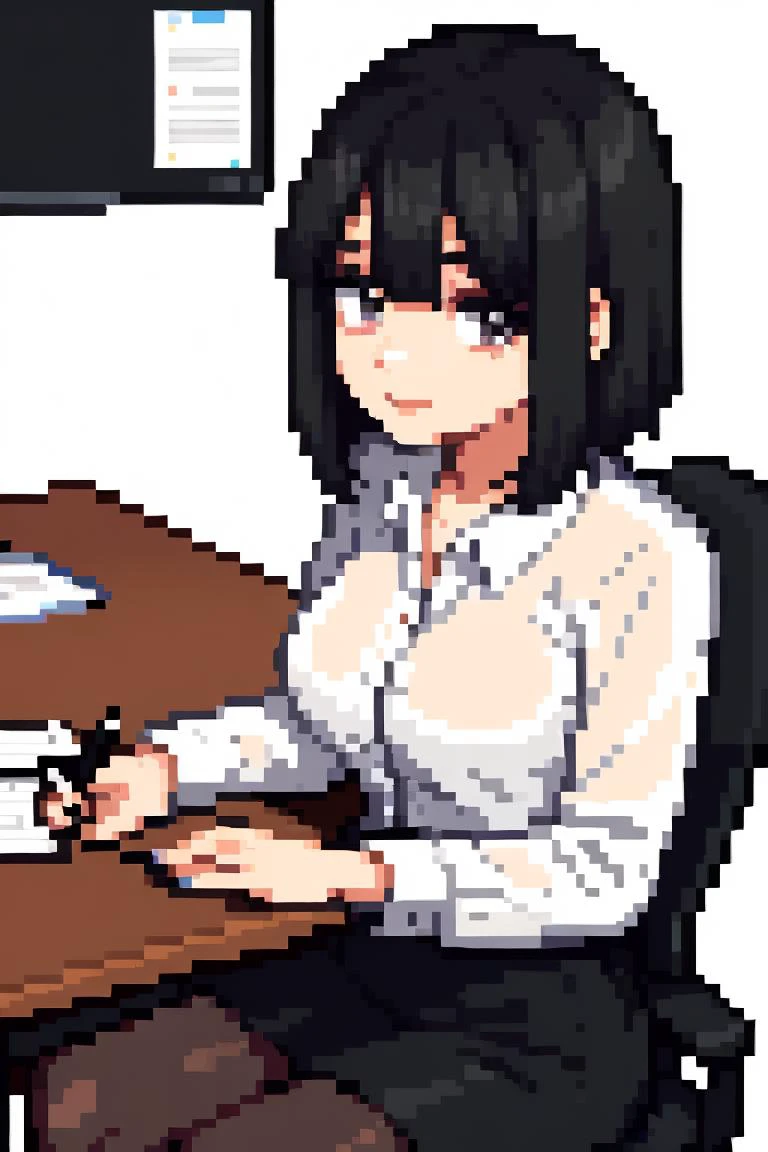 (masterpiece, best quality), a young black haired girl office secretary dressed in a transparent white blouse and black office skirt and black pantyhose ,sitting in an office chair, holding pencil, (detailed skin:1.3),(detailed eyes), (sharp focus),