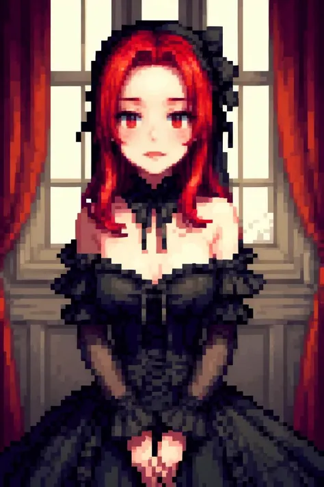 (masterpiece, best quality), 1girl, red hair, medium chest, gothic frill dress, pervert face, <lora:add_detail:1>