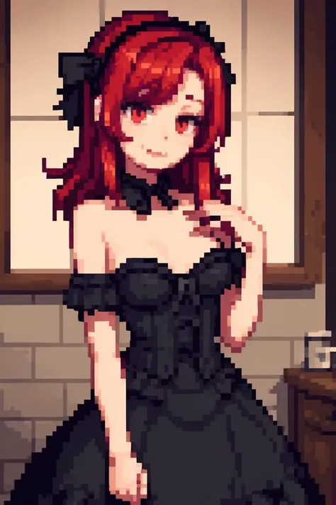 (masterpiece, best quality), 1girl, red hair, medium chest, gothic frill dress, pervert face,