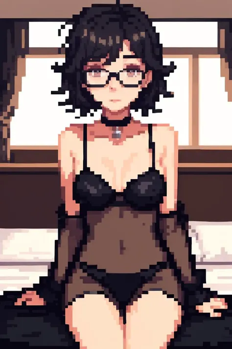 (masterpiece, best quality), 1girl, messy hair, choker, black silk pajamas, see-through, glasses,