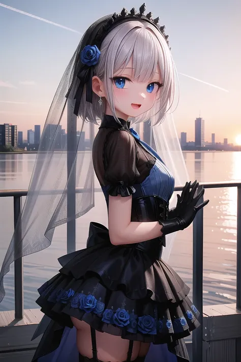 (cleavage:-1.5), insanely detailed, absurdres, ultra-highres, ultra-detailed, best quality,
1girl, solo, nice hands, perfect hands,
BREAK
(fusion of black mourning-dress and black wedding dress:1.2), (gothic dress:1.3), (light-blue and black theme:1.3), ((black mourning-veil, black see-through wedding-veil):1.5), ((black latex corset, light-blue breast-cup):1.4), (short puff-sleeve:1.3), ((white collar, tie-bow):1.3), ((ruffle-skirt, multilayer-skirt):1.4), ((stockings, garter belt):1.3), (see-through long gloves:1.3), (blue rose decoration on head:1.3), (high heels:1.1)
BREAK
happy smile, laugh, open mouth,
standing,own hands together,
from side, cowboy shot,
BREAK
slender, kawaii, perfect symmetrical face, ultra cute girl, ultra cute face, ultra detailed eyes, ultra detailed hair, ultra cute, ultra beautiful,
BREAK
cityscape in tokyo, ultra detailed background, blue sky, bay side, panorama view,
medium breasts, white hair, blue eyes