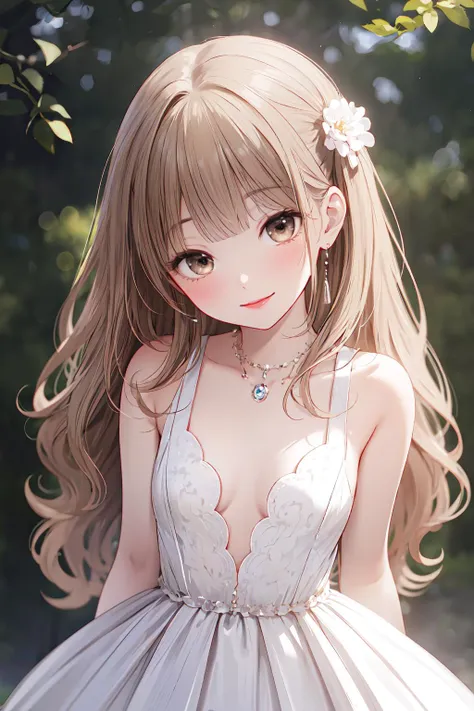 High resolution, highest quality, super high quality,3D Images,garden、flower bed、One girl, (Anime illustration style:1.5), Kotori Minami 、smile、Closed Mouth,clavicle,White Party Dresses,Absolute reference to center、Cowboy Shot、Highly detailed face, Perfect lighting, Highly detailed CG、Standing、Leaning forward