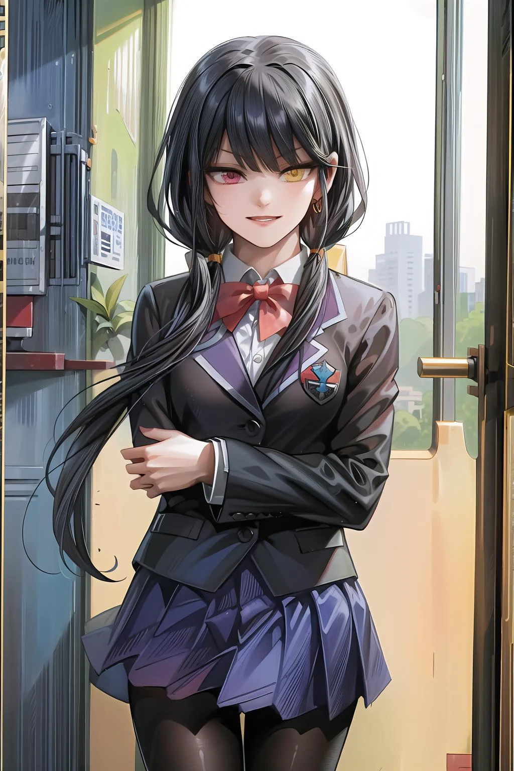 Highly detailed, High Quality, Masterpiece, beautiful,masterpiece,best quality, illustration, 1girl, solo,
<lora:人ç©-约æ-æ¶å´çä¸v1(h-madoka):0.8>aakurumi, long hair, low twintails, heterochromia,school uniform, blazer, black jacket, pleated skirt, blue skirt, black pantyhose,light smile,black hair,
<lora:baicinan:1>